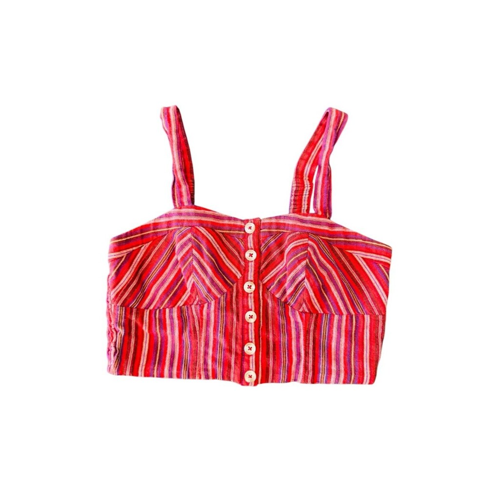 American Eagle Womens XS Red Striped Smocked Crop Tank Top Button Front Boho